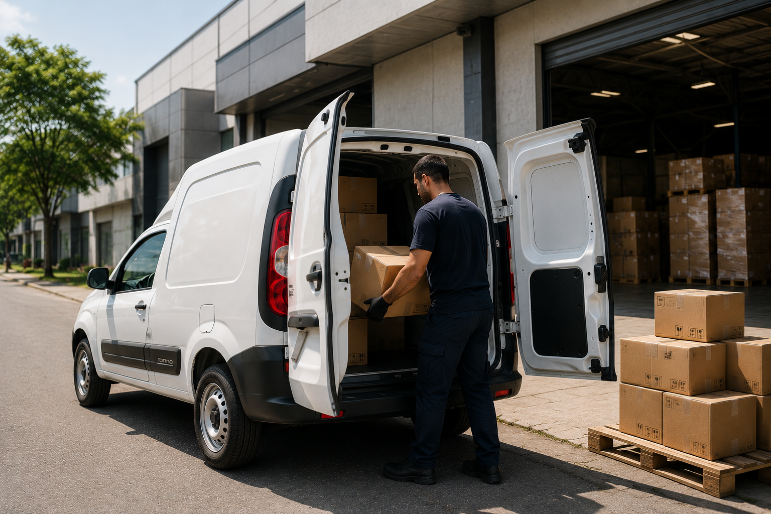 Profissional carregando caixas na Fiat Fiorino branca com portas traseiras abertas em galpão empresarial